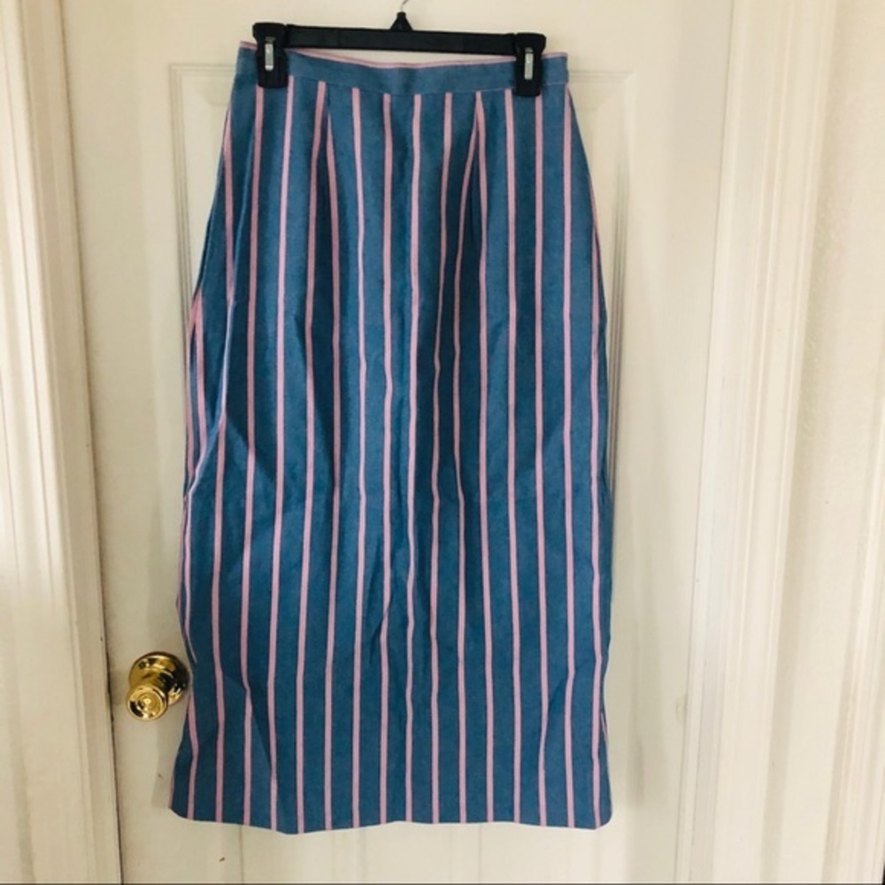 VINTAGE denim jean pink pinstriped cotton maxi skirt size 11 / 12